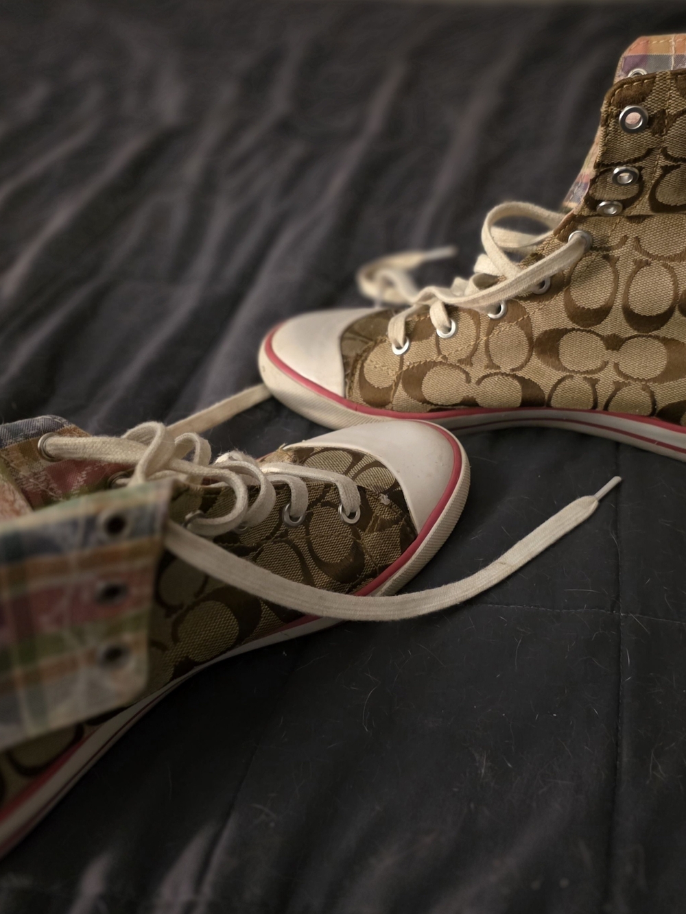 Coach Tan Signature Canvas High-Top Sneakers with Pink Trim